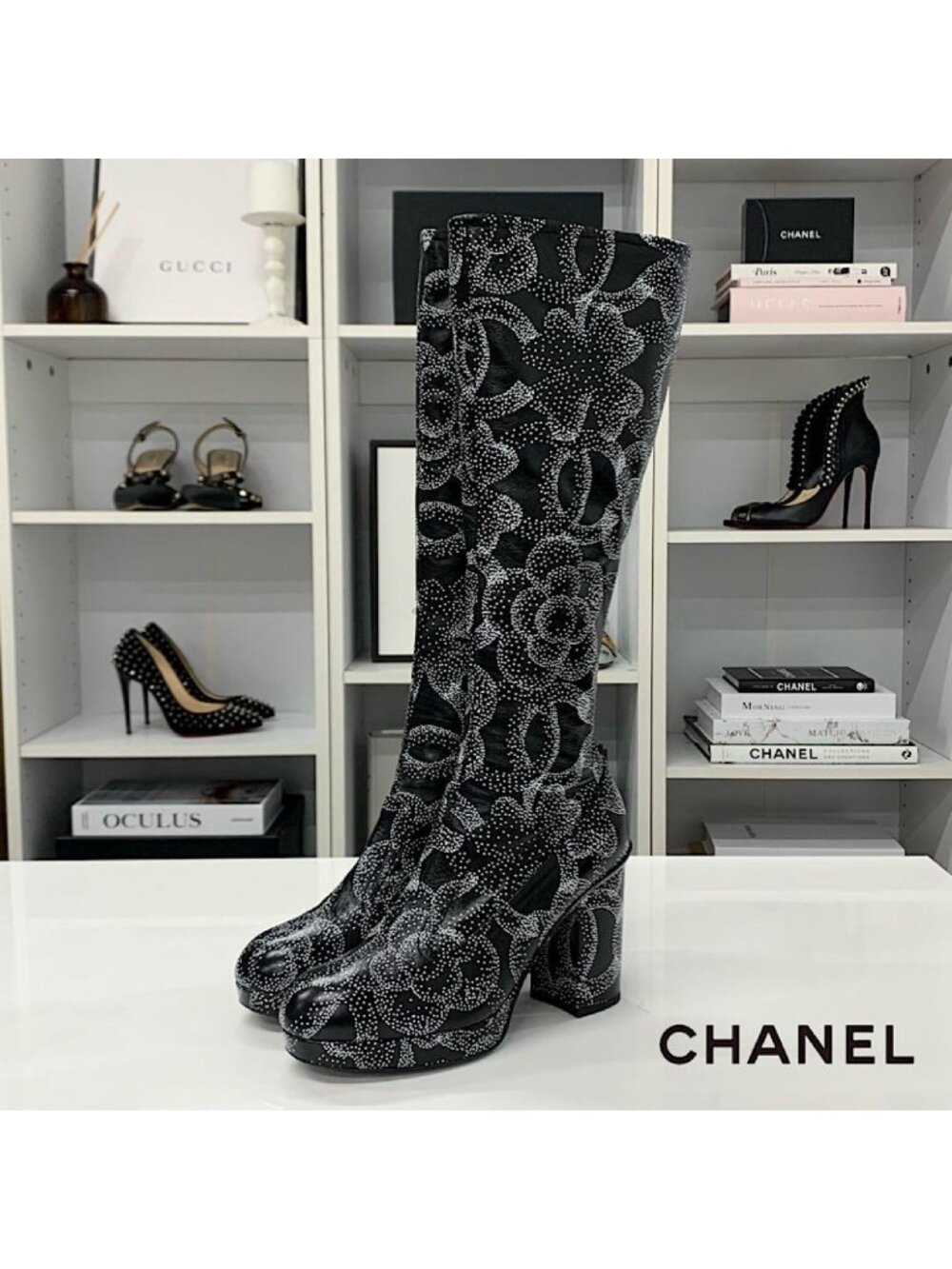 Chanel Calfskin CC Logo Camellia Clover Heart Charm Boots